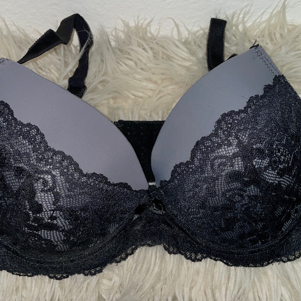 Grey with black lace underwire bra